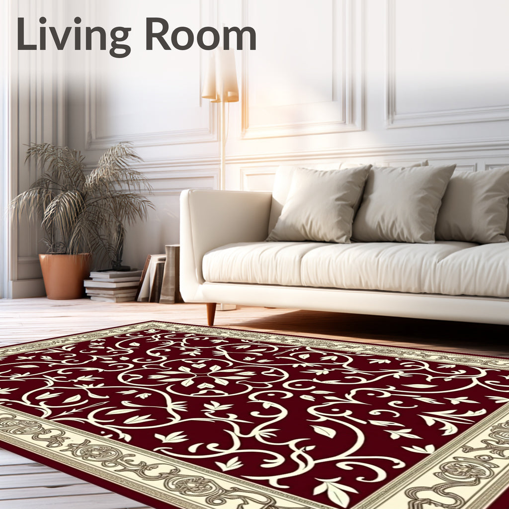 Crimson Cream Ornate Floral Vine Rug