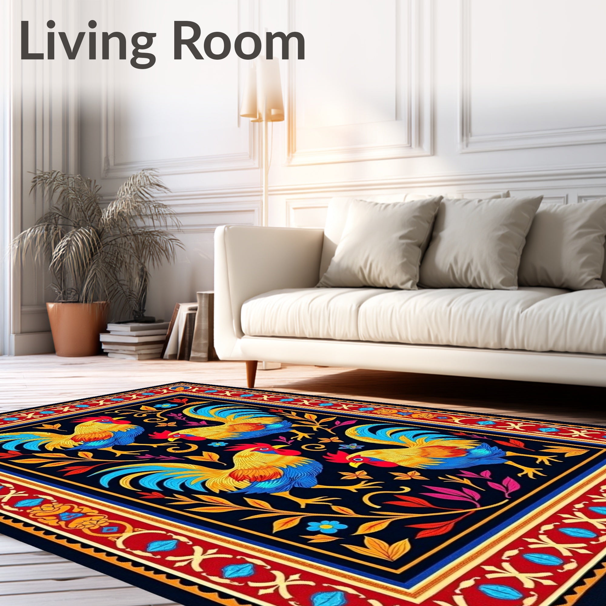 Vibrant Roosters Floral Border Rug