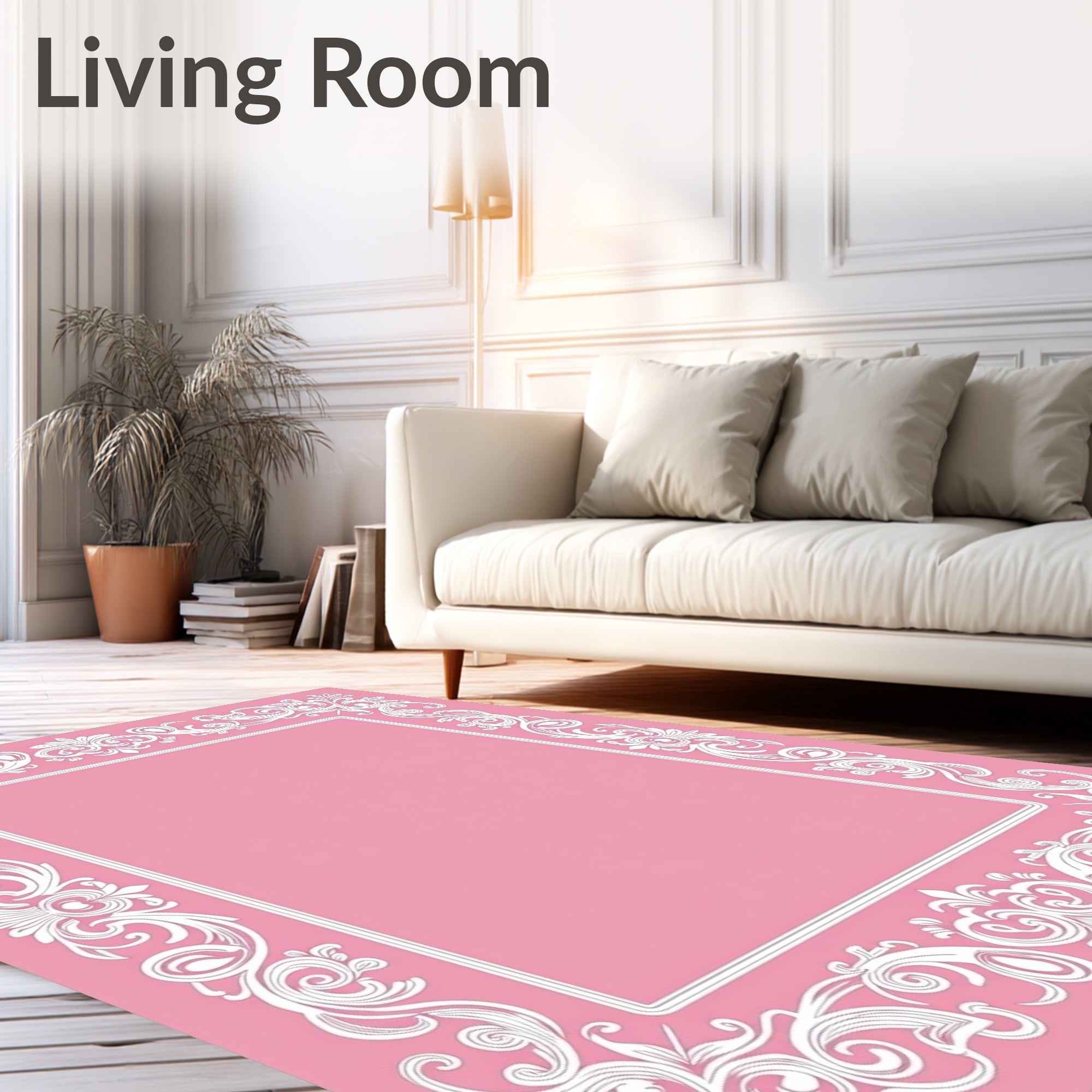 Elegant Pink Floral Scroll Border Rug
