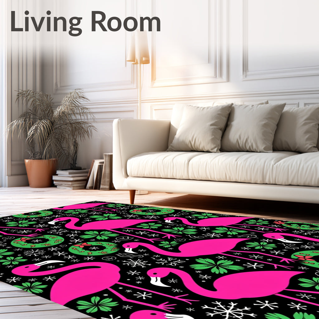 Bright Pink Flamingo Christmas Wreath Snowflakes Rug
