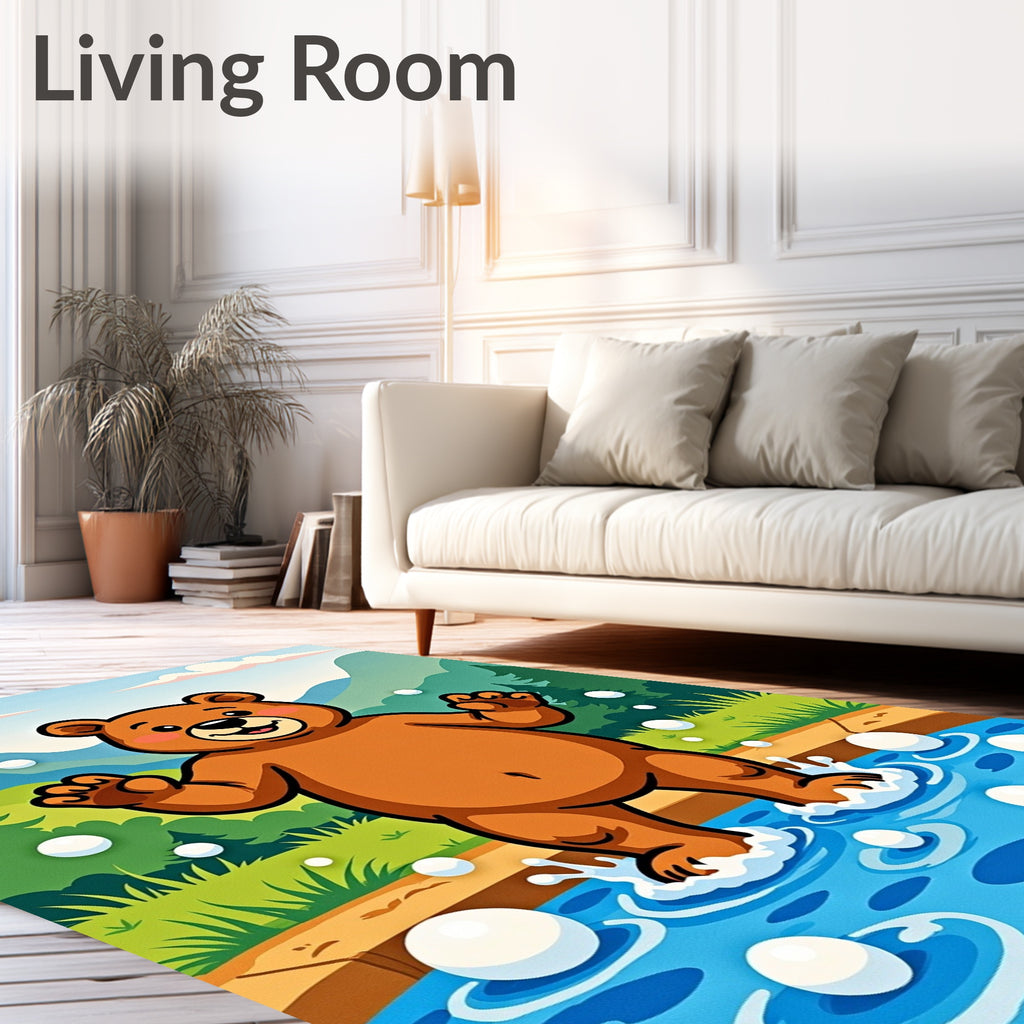 Playful Brown Bear in Blue Water Bubbles Rug