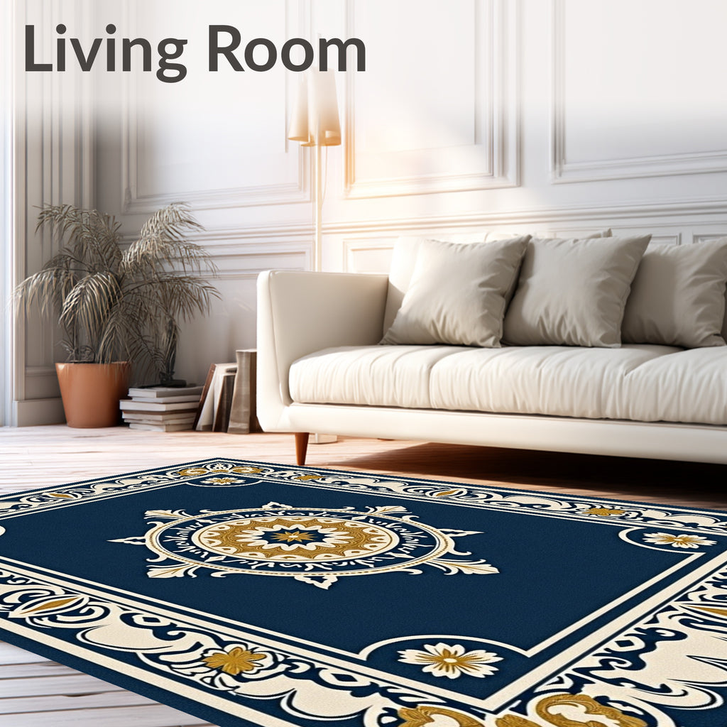 Elegant Navy Gold Medallion Border Rug