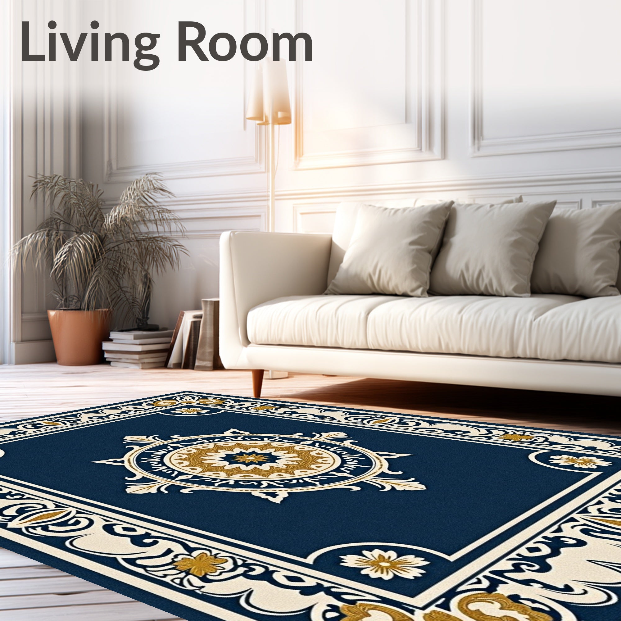 Elegant Navy Gold Medallion Border Rug