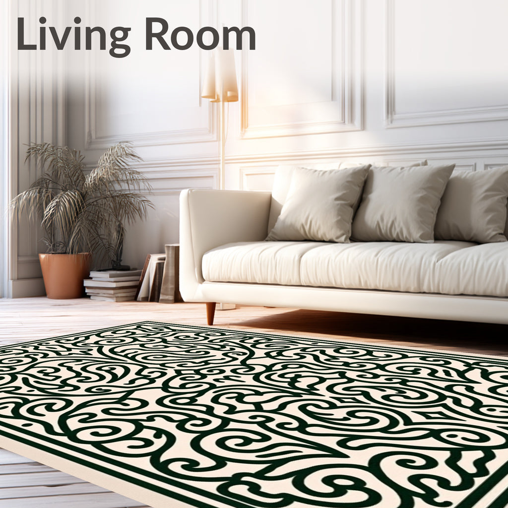 Intricate Black Cream Floral Scroll Rug
