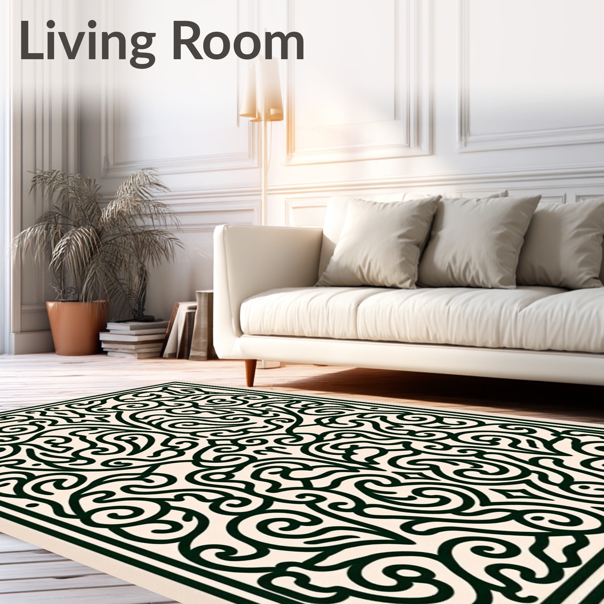 Intricate Black Cream Floral Scroll Rug