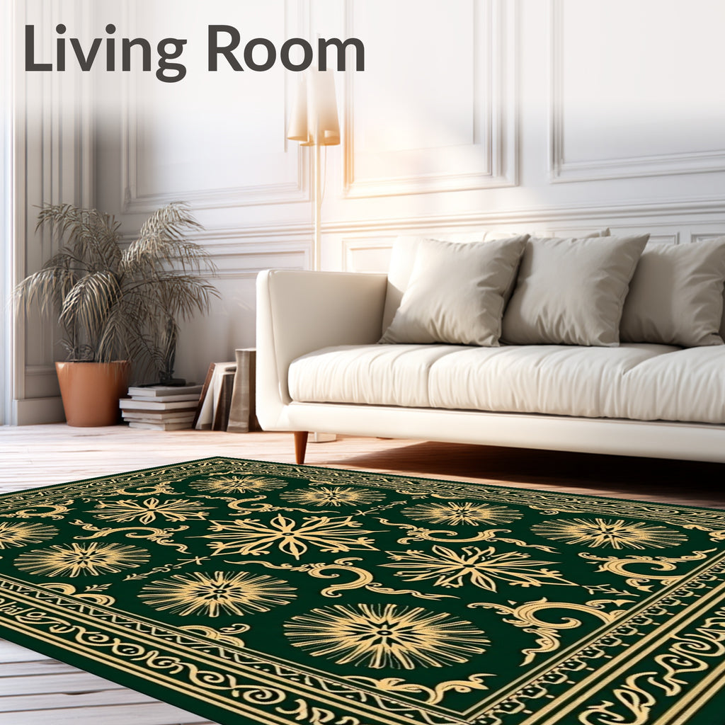 Deep Emerald Golden Floral Arrangement Rug