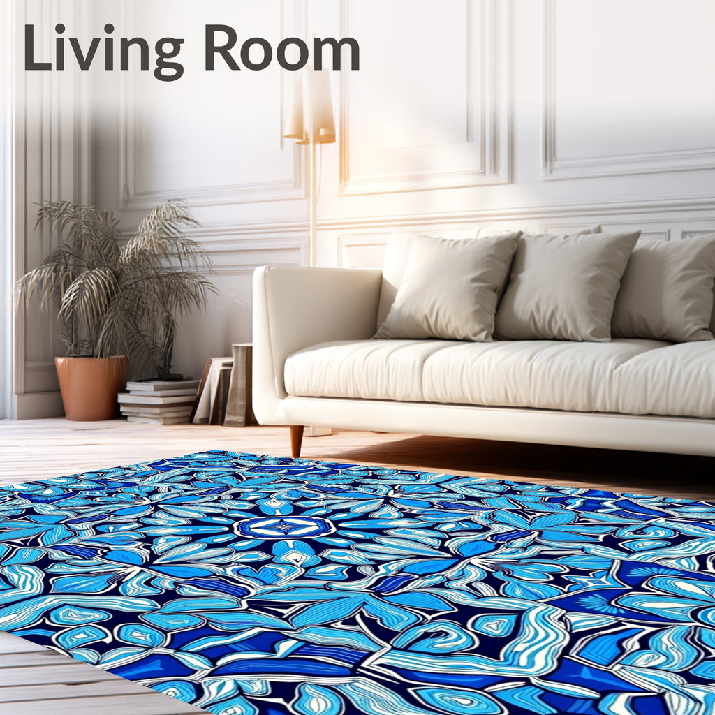 Symmetrical Blue White Organic Bloom Rug