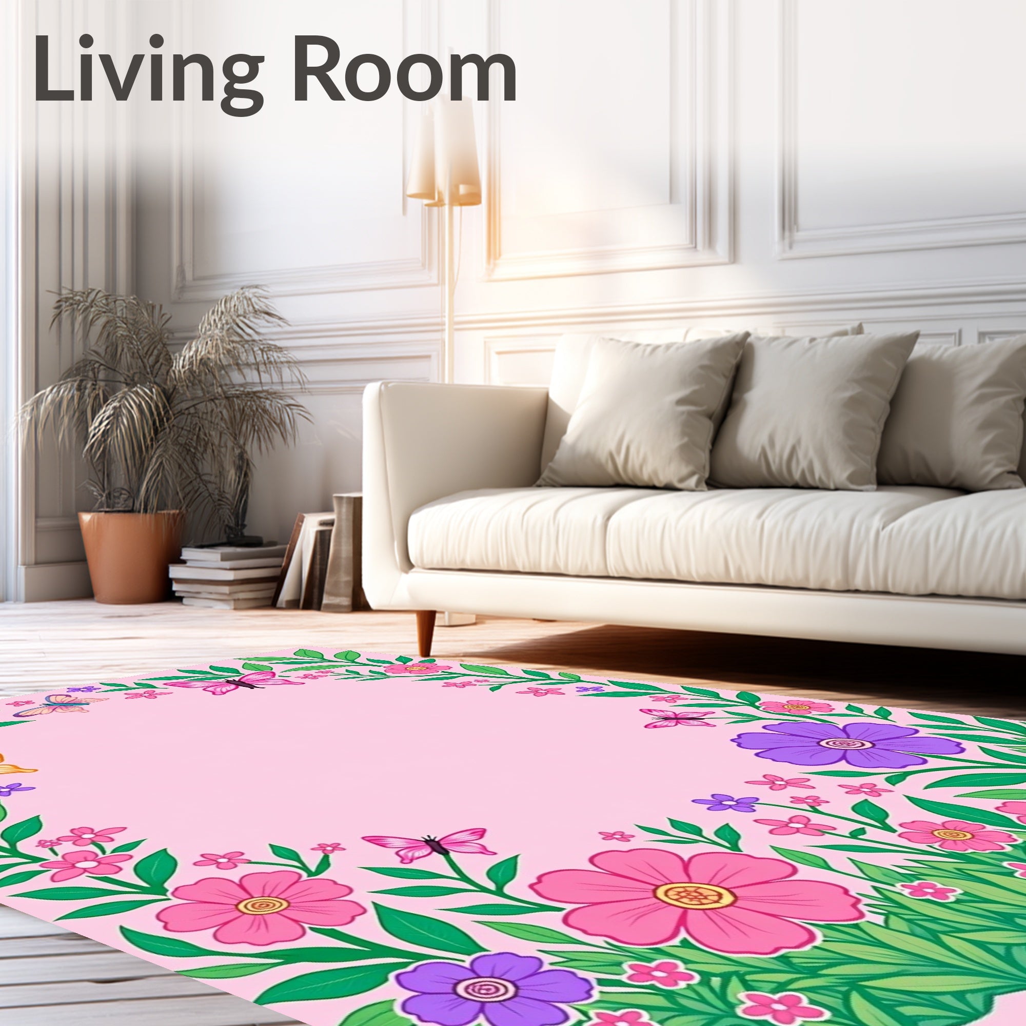 Pink Floral Garden Butterflies Rug