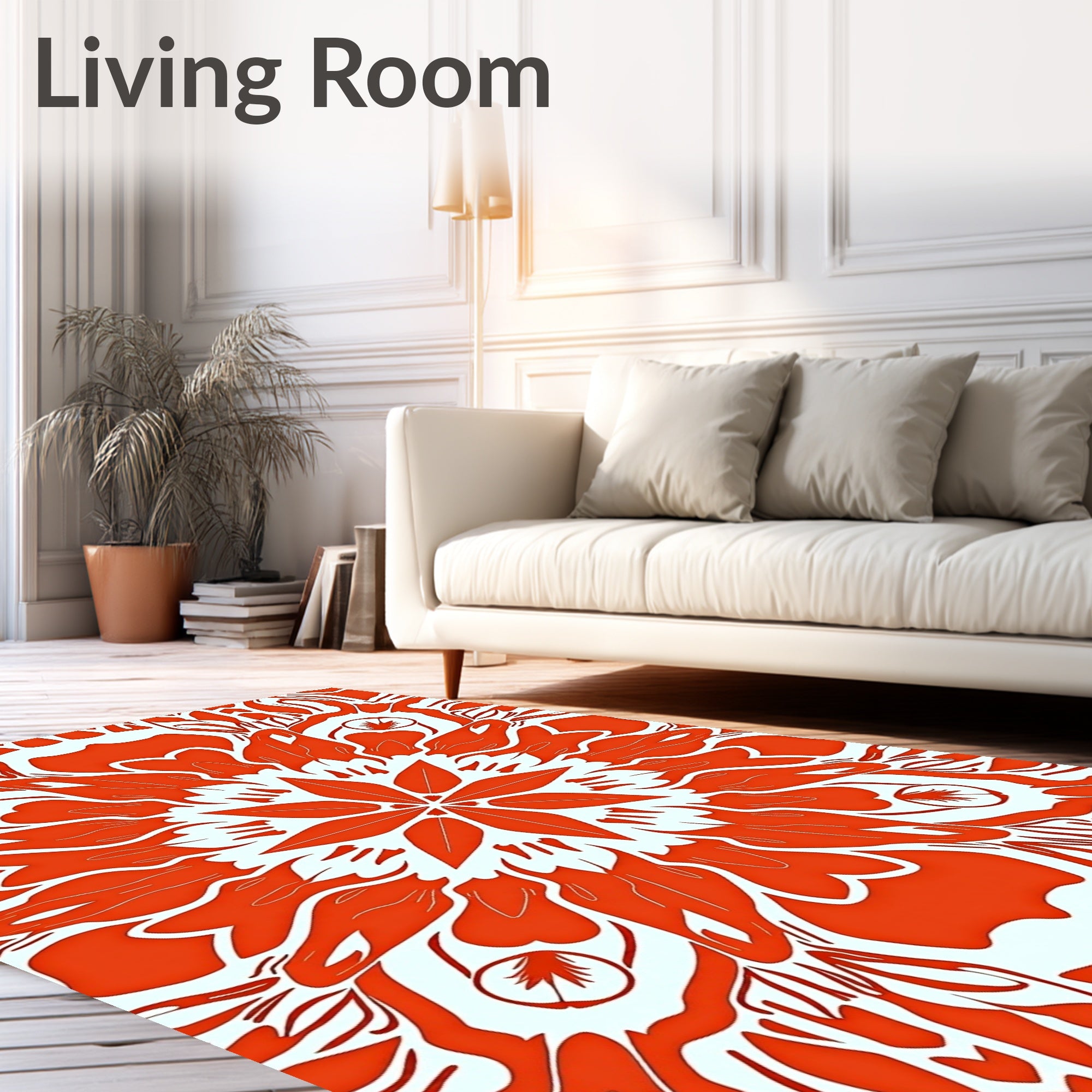 Fiery Orange White Floral Mandala Rug