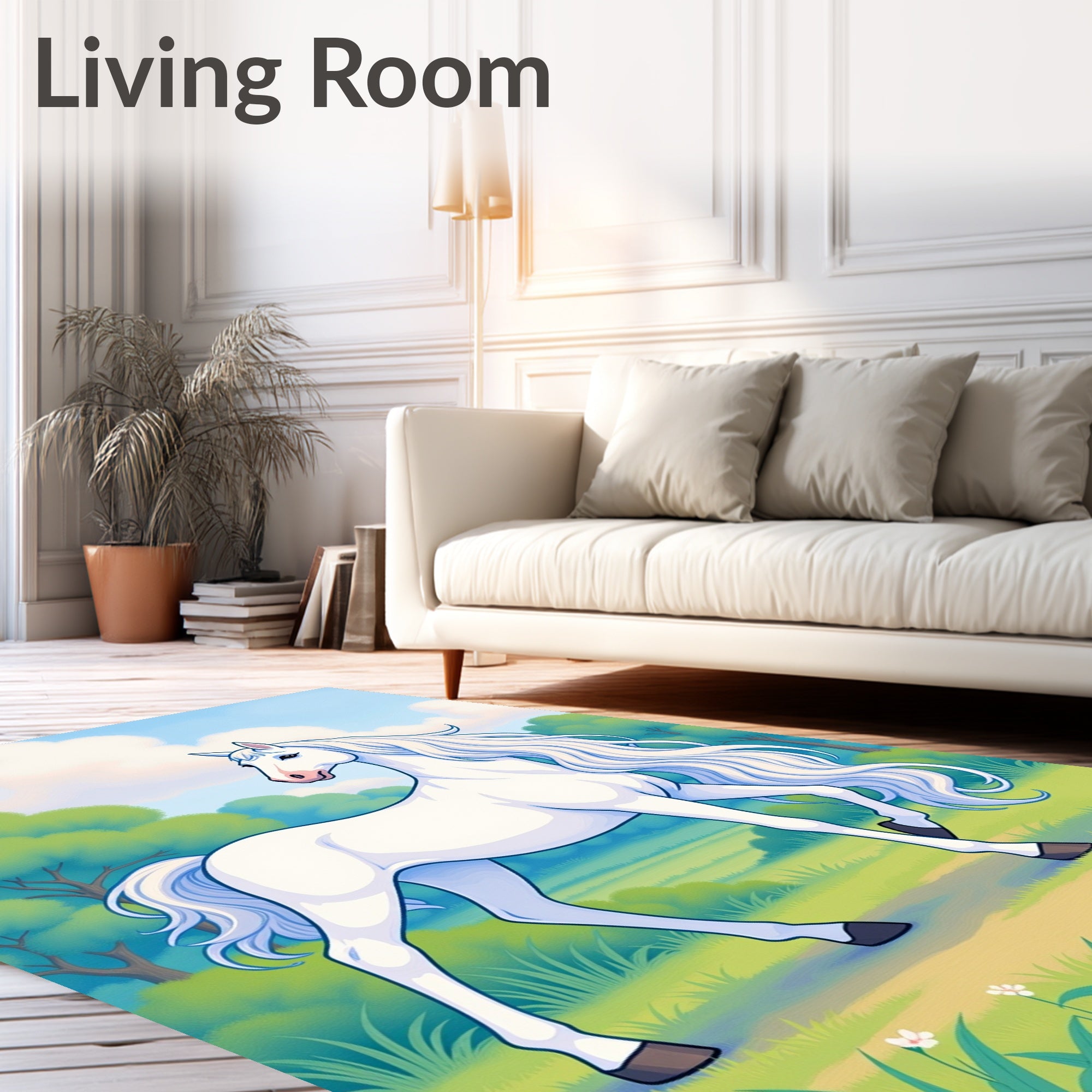 Majestic White Horse Lush Meadow Scene Rug