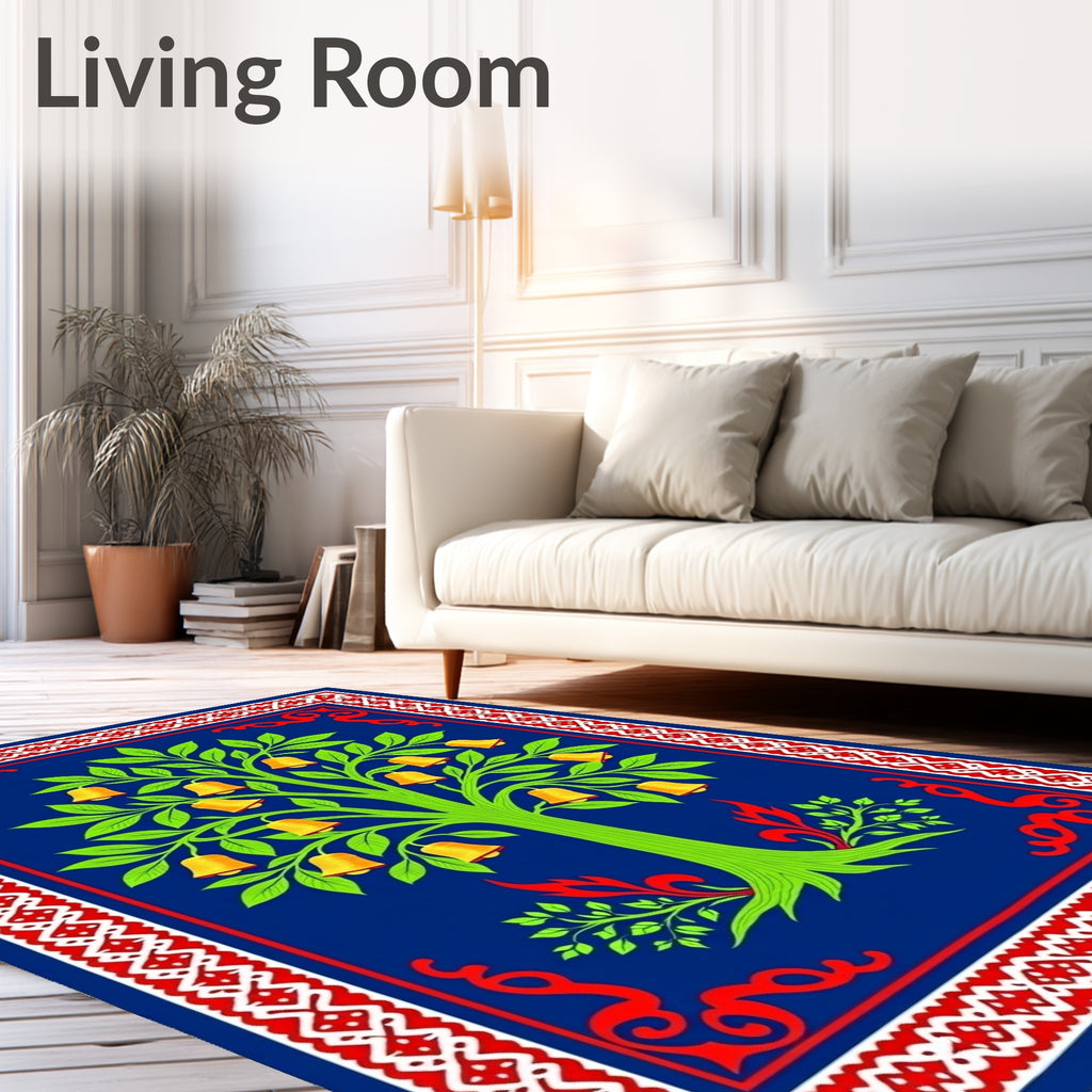 Vibrant Blue Bell Tree Garden Scarlet Border Rug
