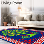 Vibrant Blue Bell Tree Garden Scarlet Border Rug