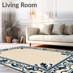 Navy Blue Ornate Floral Border Rug