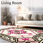 Ornate Magenta Floral Medallion Ivory Rug