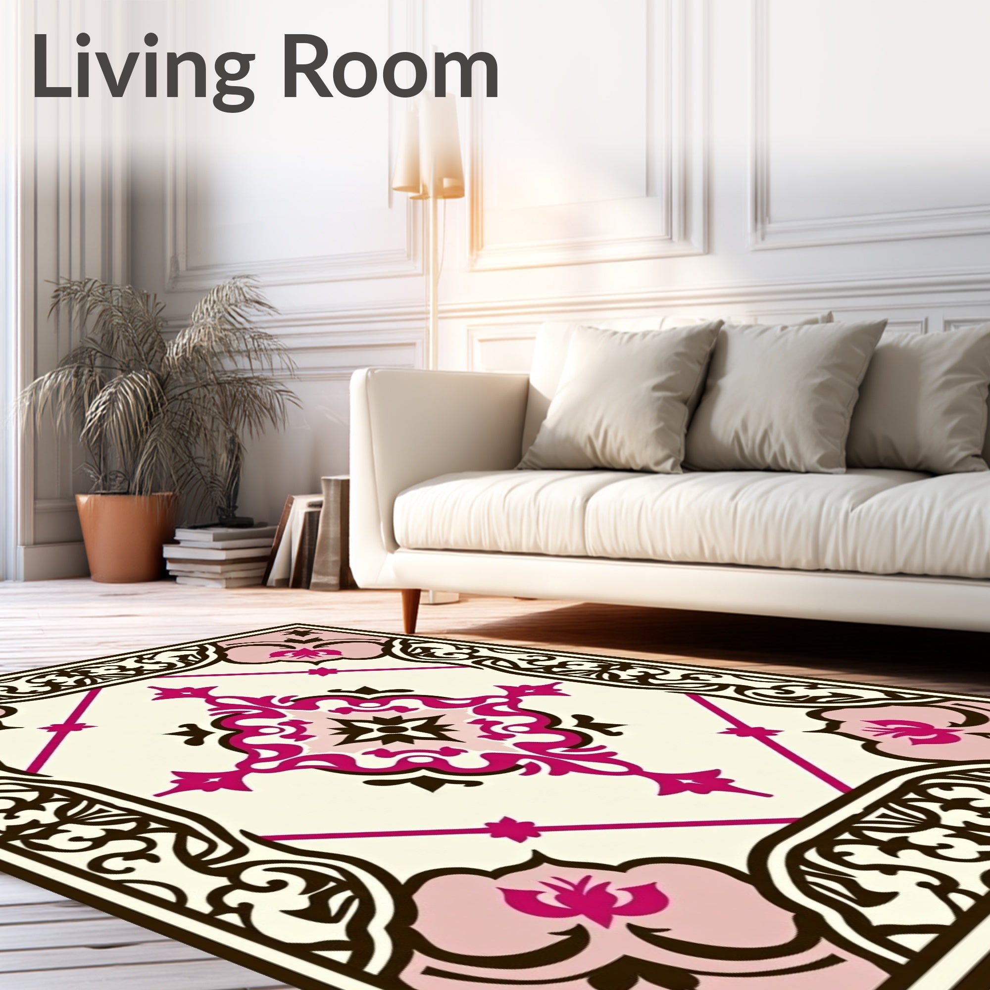 Ornate Magenta Floral Medallion Ivory Rug