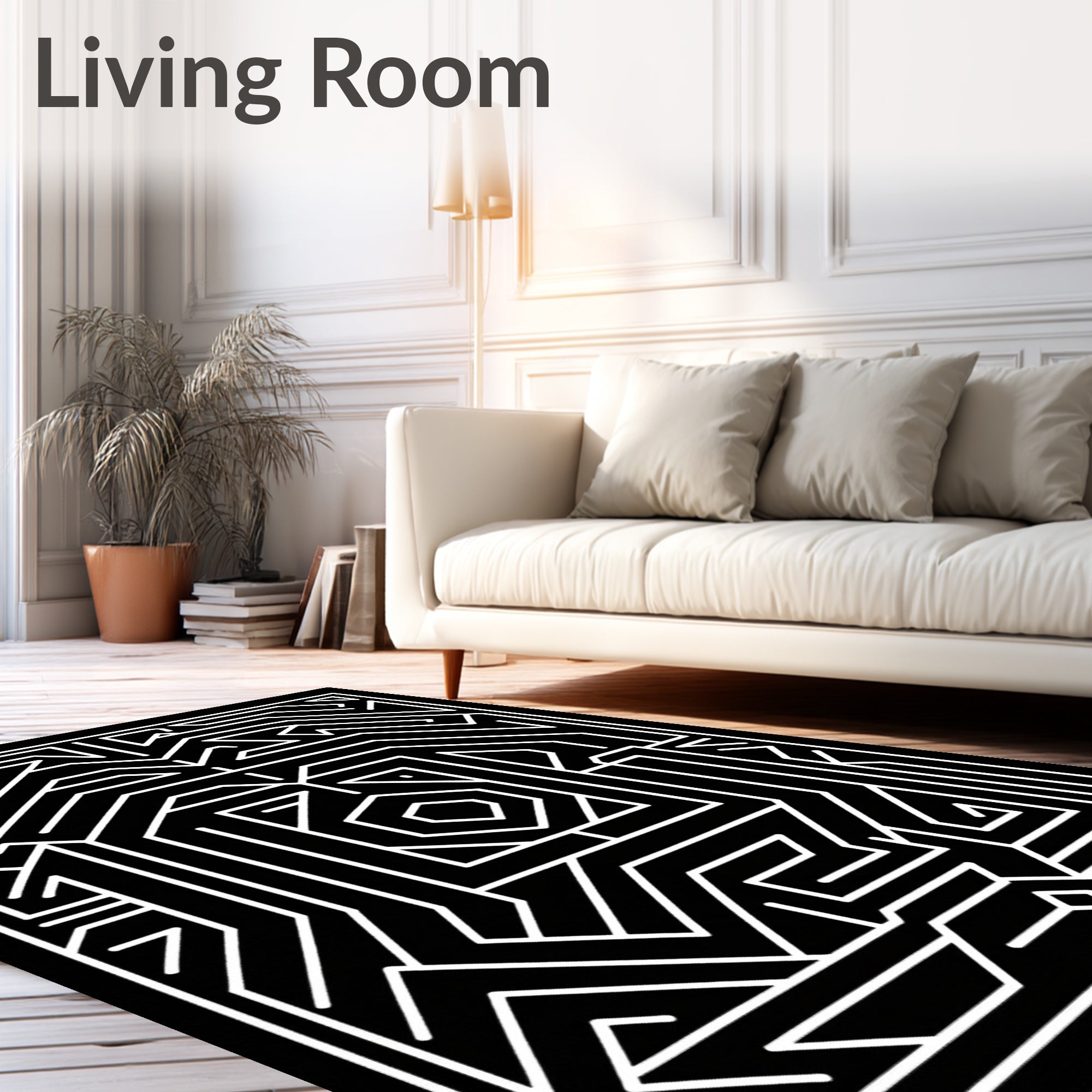 Black White Geometric Maze Lines Rug