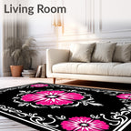 Bold Magenta Floral Black Border Rug