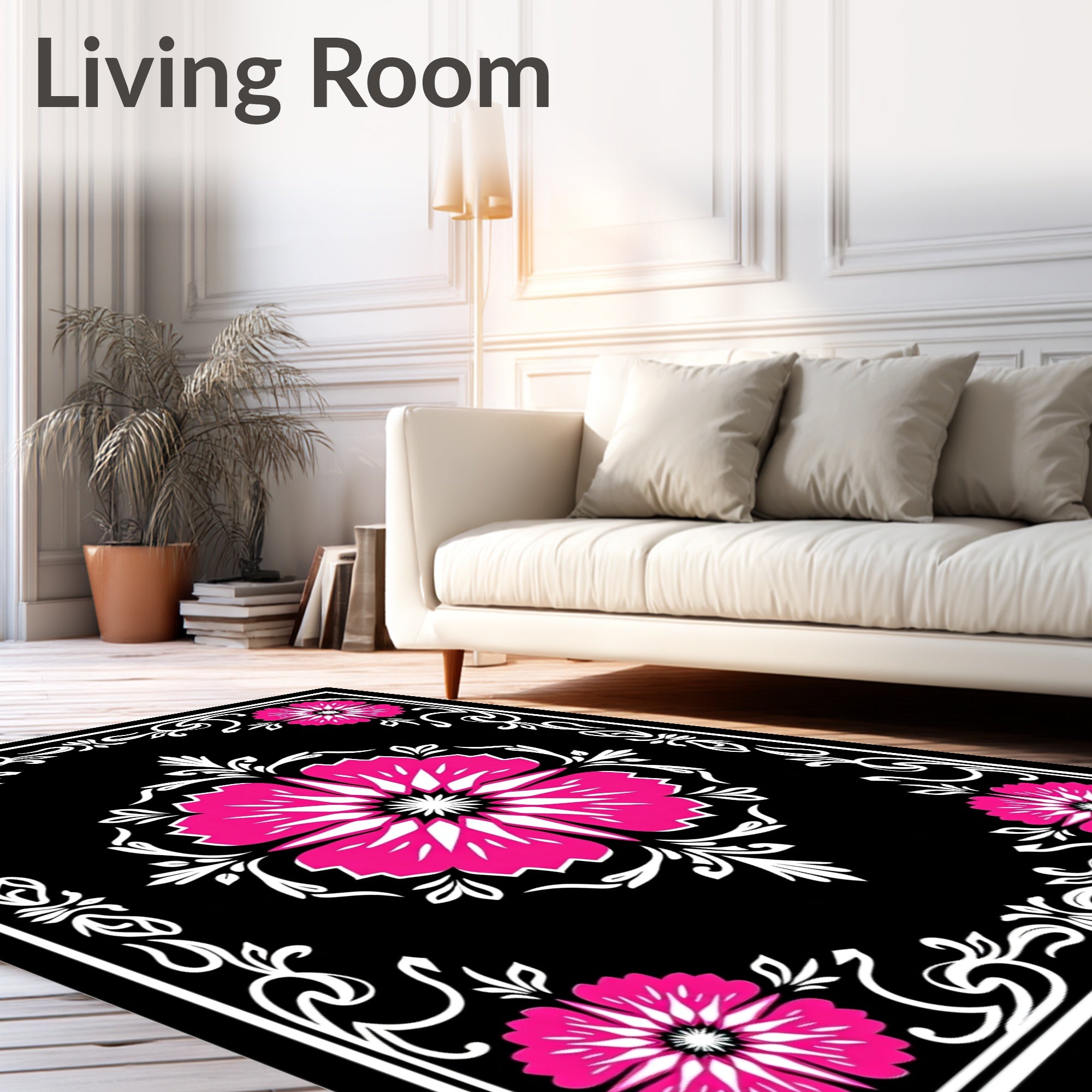 Bold Magenta Floral Black Border Rug