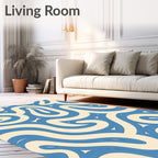 Blue Cream Swirling Abstract Wavy Lines Rug