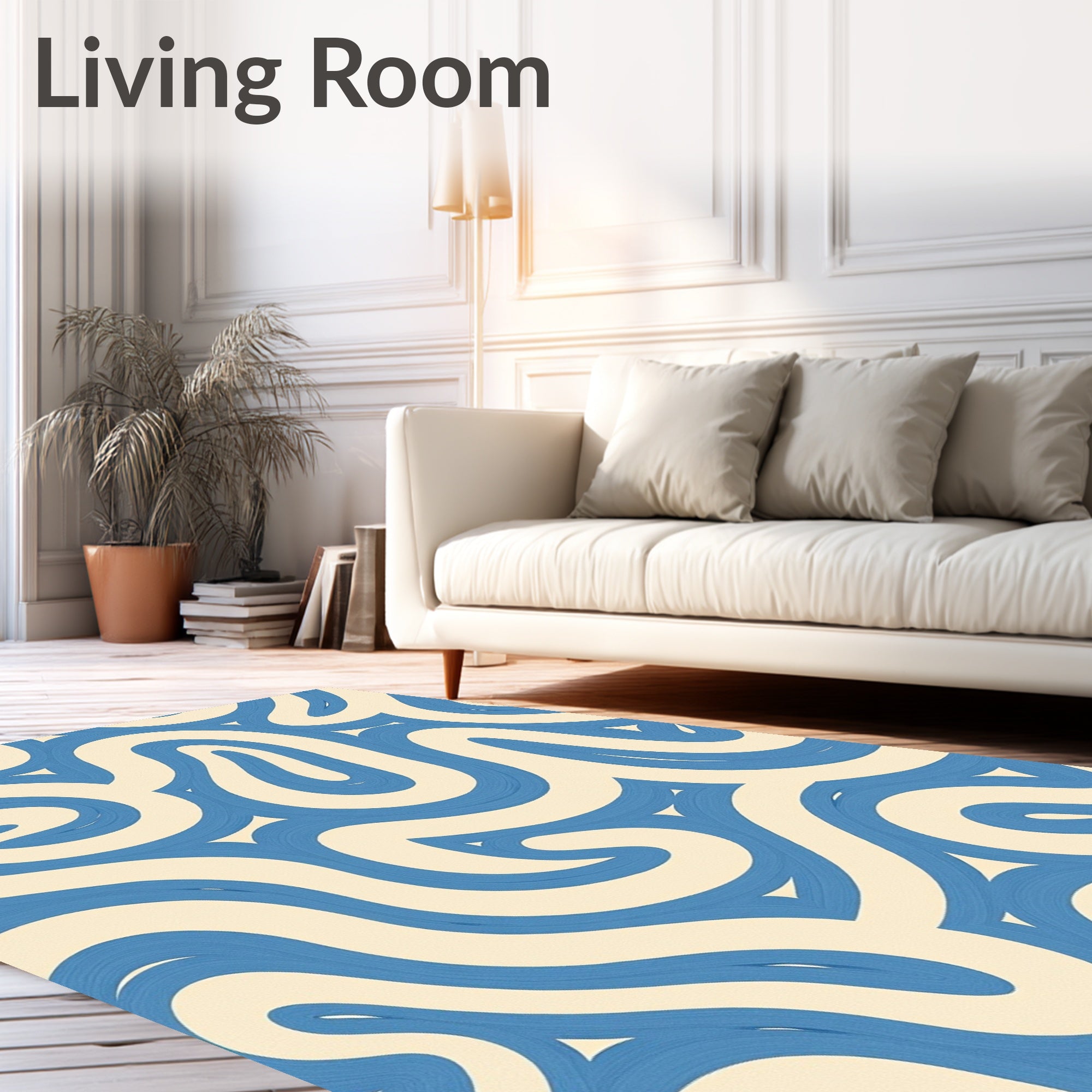 Blue Cream Swirling Abstract Wavy Lines Rug