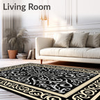 Vintage Black and Cream Floral Scroll Rug