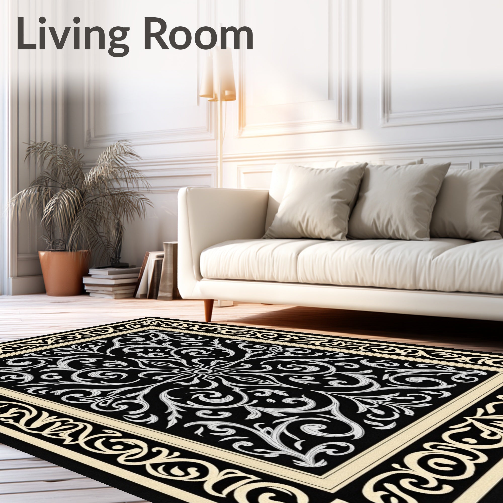 Vintage Black and Cream Floral Scroll Rug