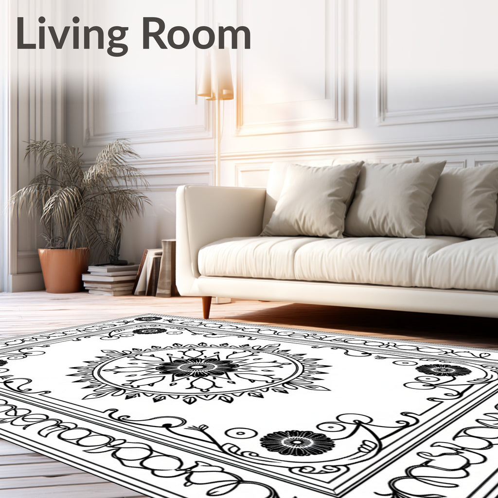Black White Floral Medallion Scrollwork Rug