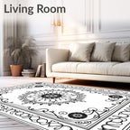 Black White Floral Medallion Scrollwork Rug