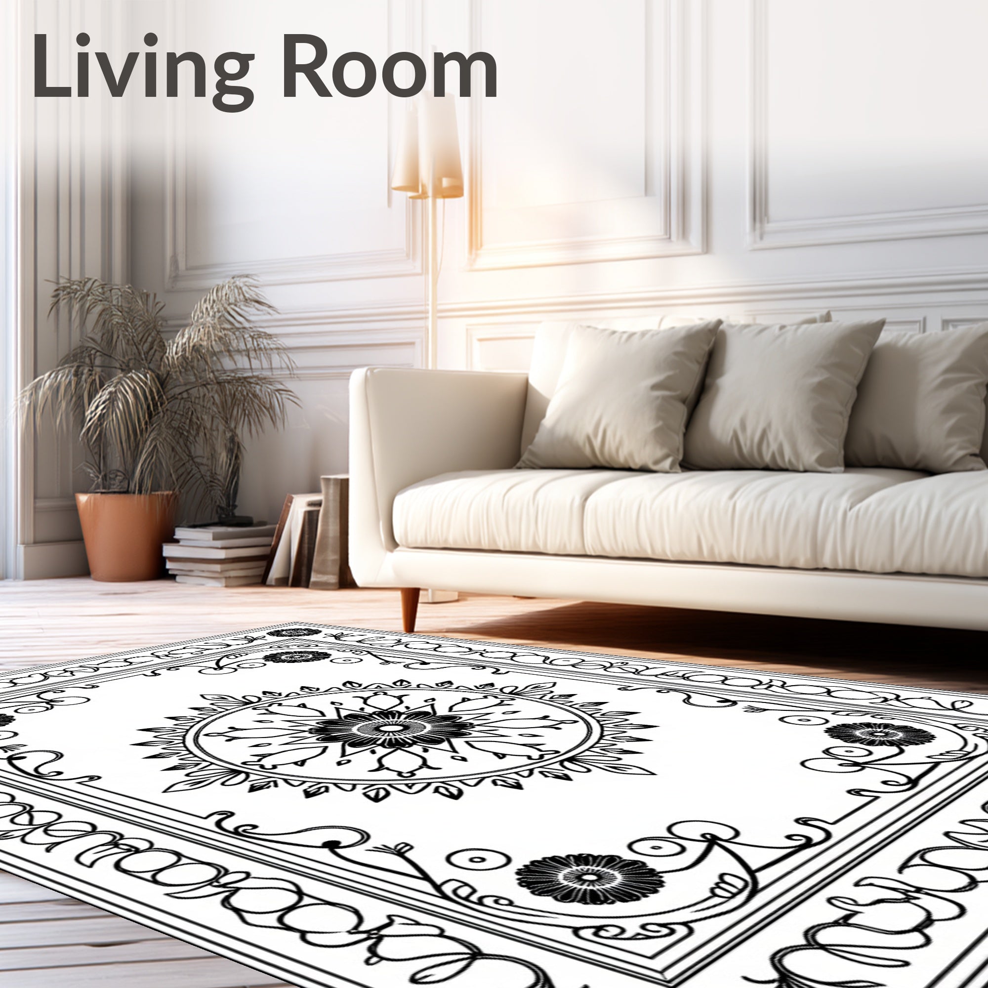 Black White Floral Medallion Scrollwork Rug