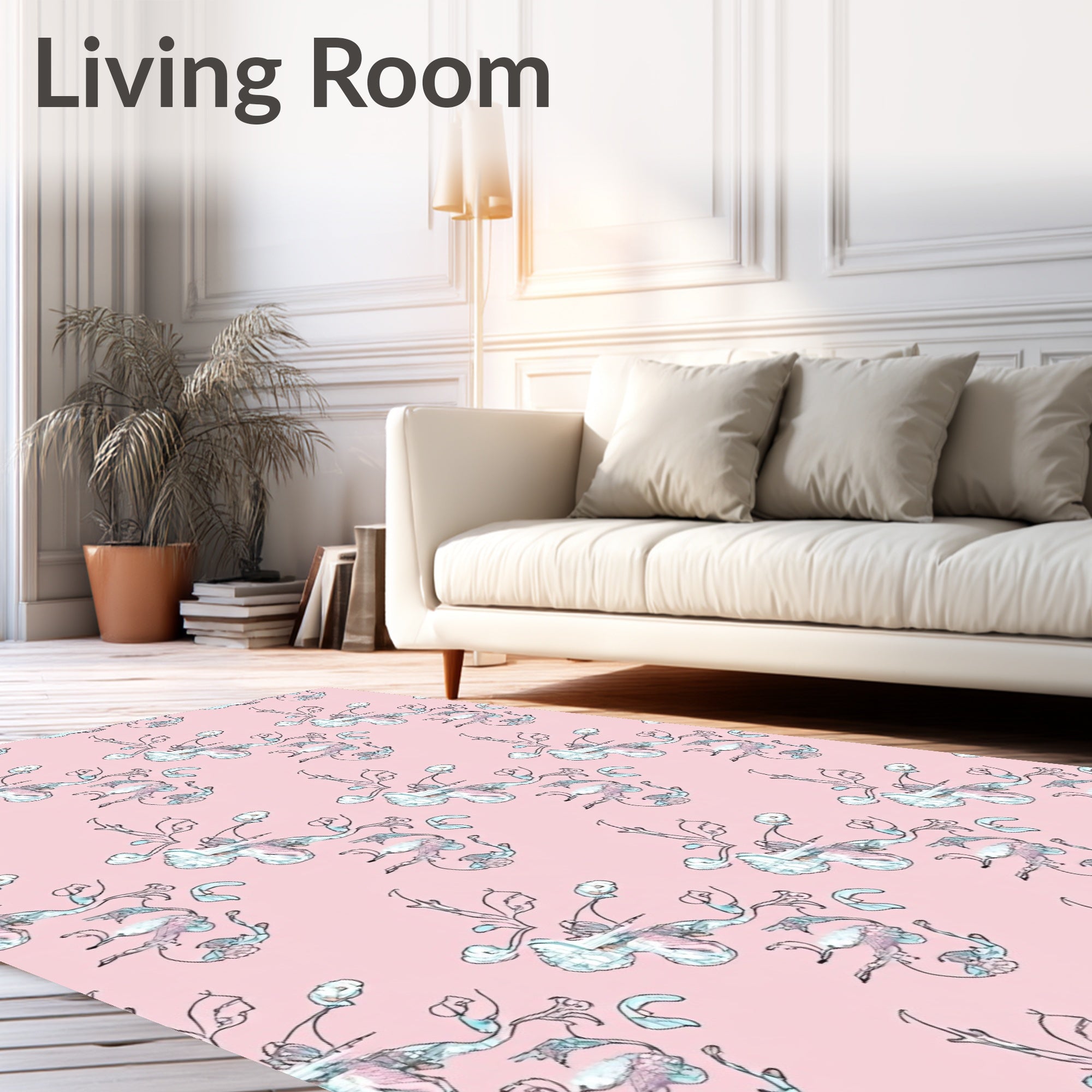 Pastel Pink Whimsical Bird Floral Rug