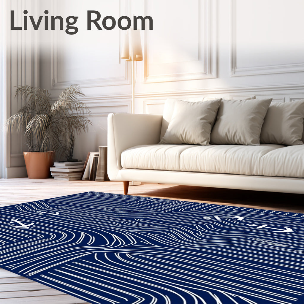 Navy White Anchor Nautical Lines Rug