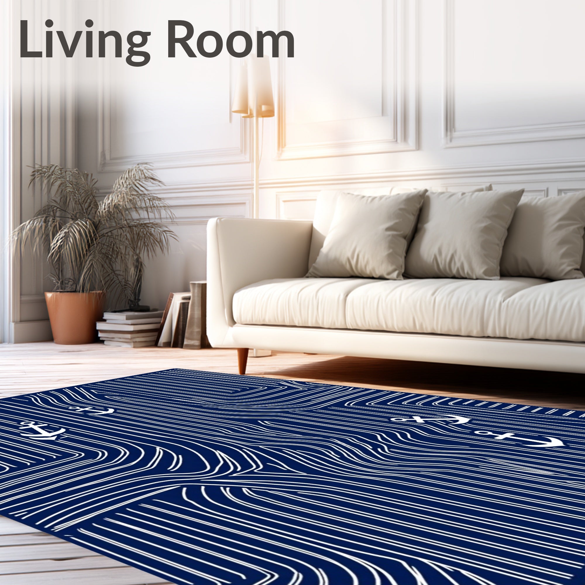 Navy White Anchor Nautical Lines Rug