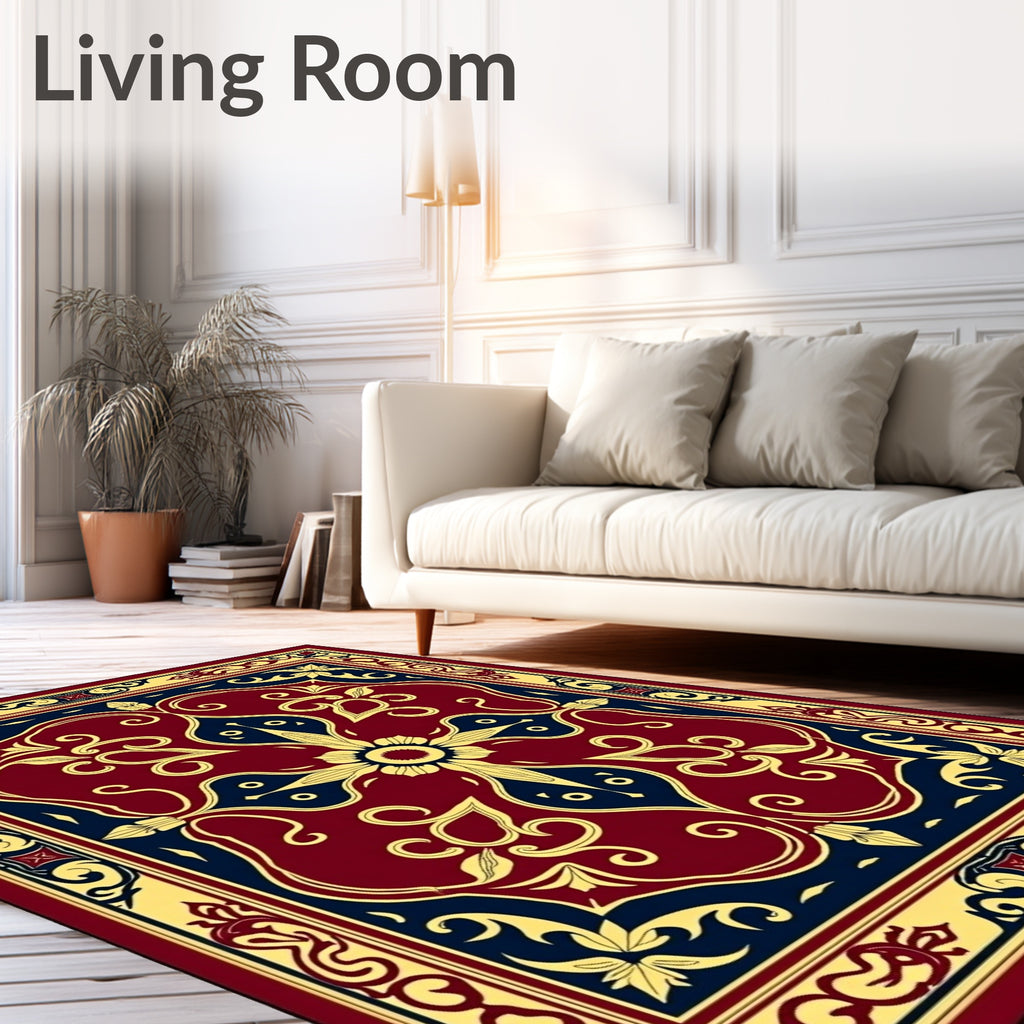 Crimson Navy Gold Floral Medallion Rug
