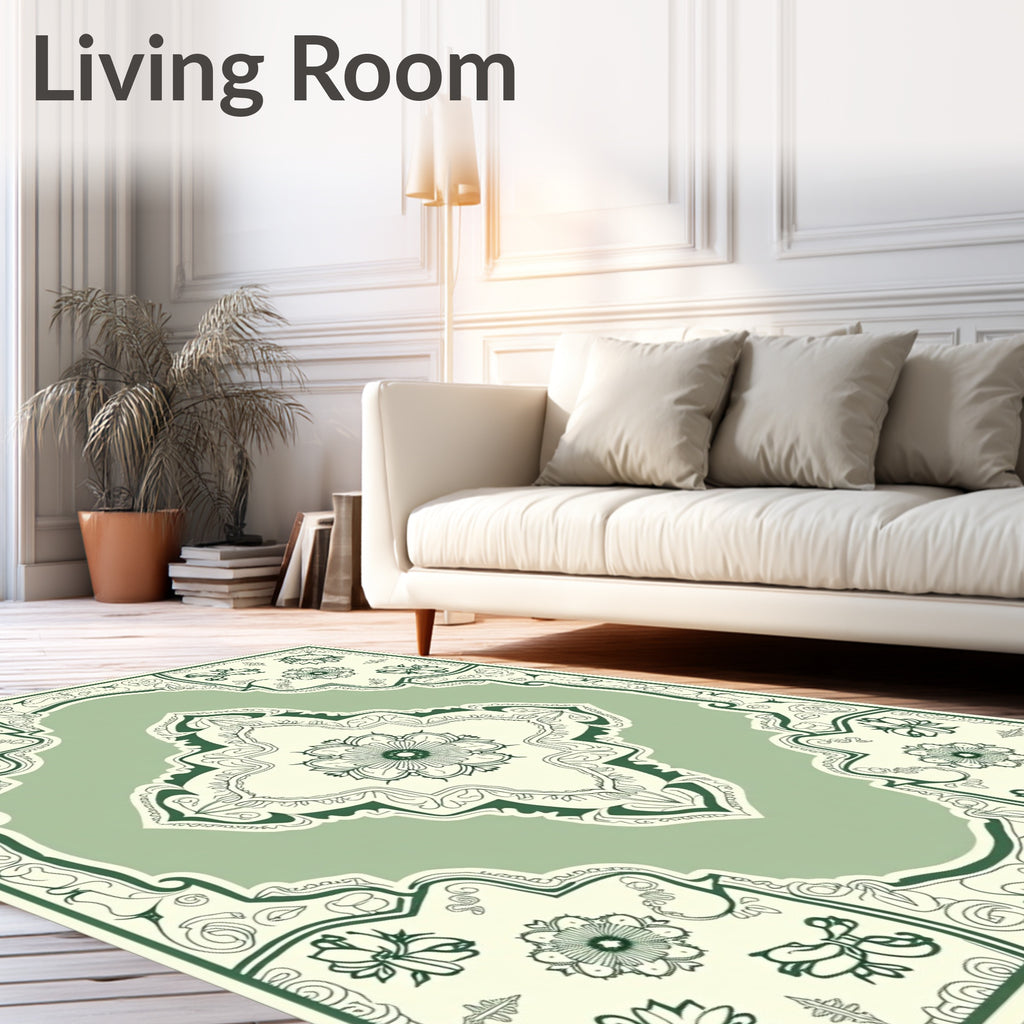 Sage Green Floral Medallion Border Rug