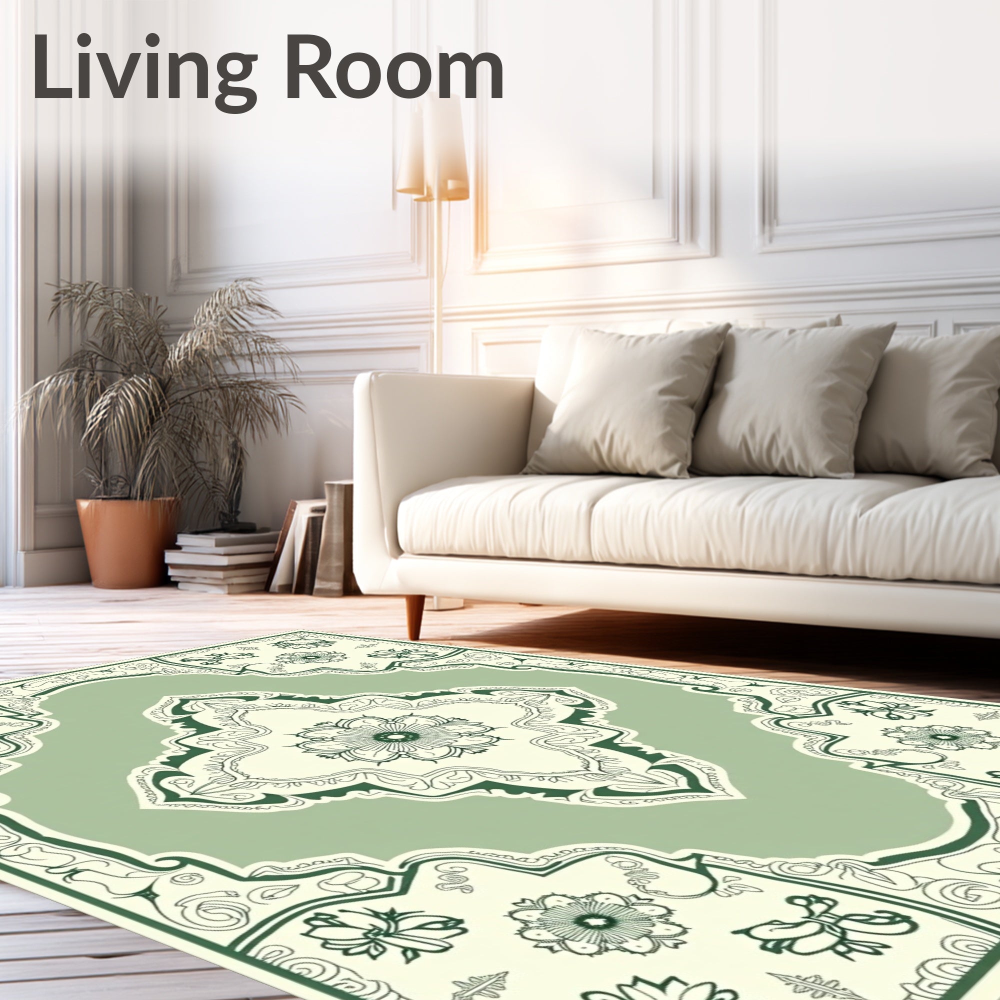 Sage Green Floral Medallion Border Rug