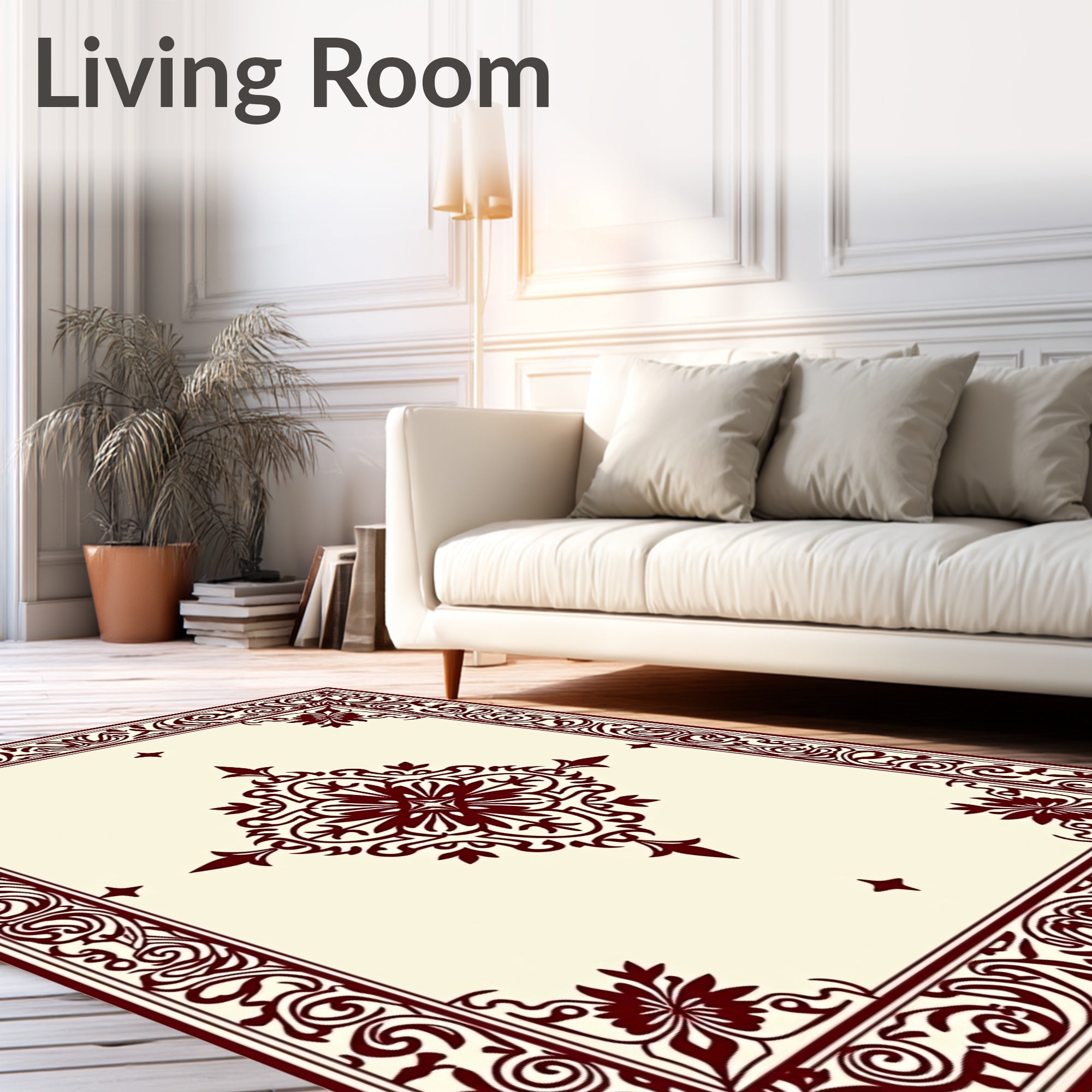 Crimson Floral Medallion Cream Border Rug