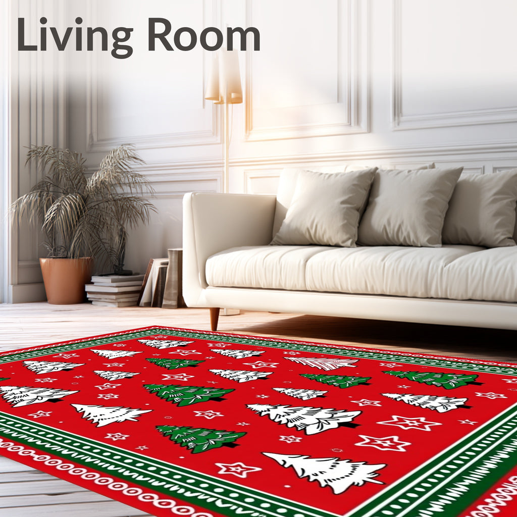 Festive Red Christmas Tree Stars Rug