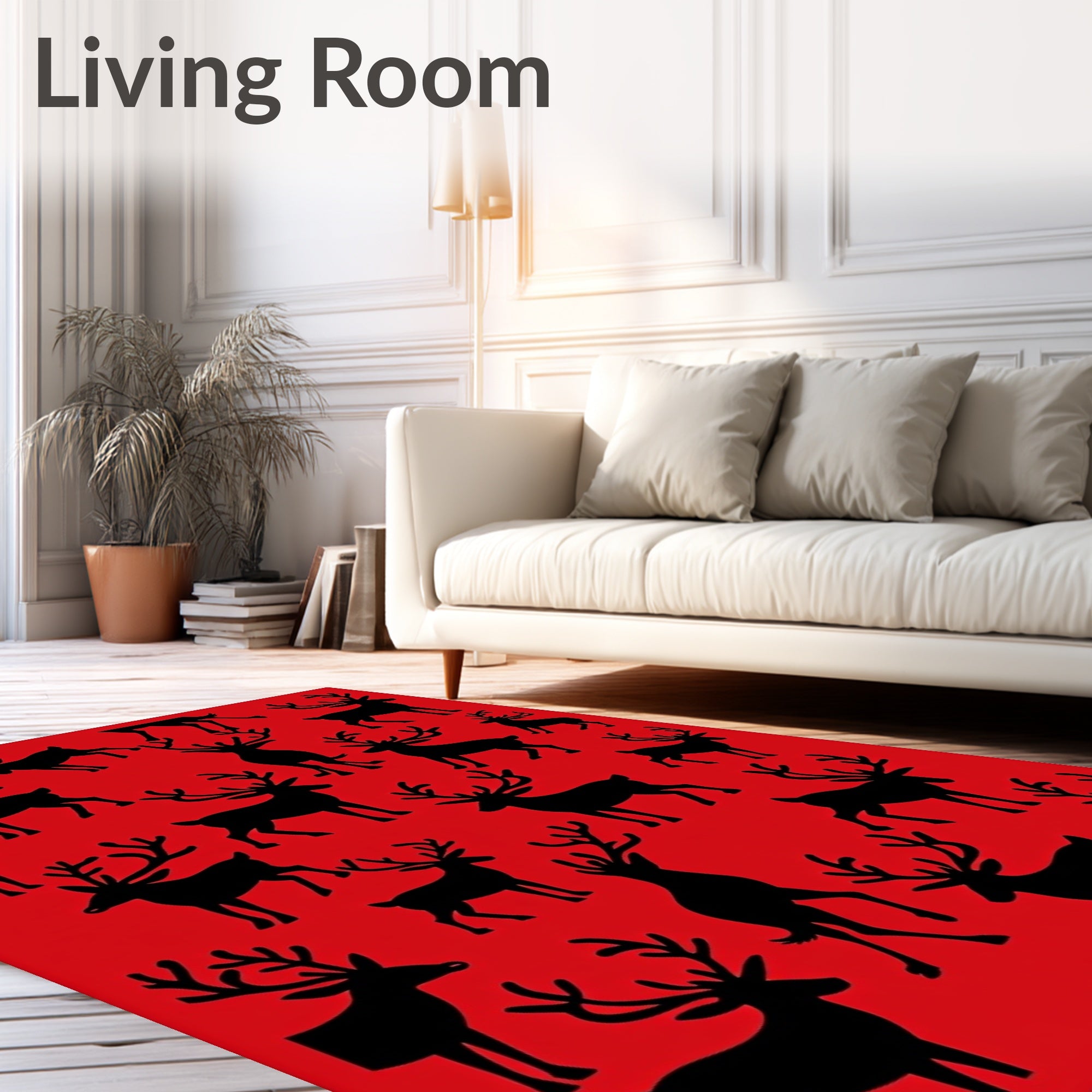 Black Reindeer Silhouette Scattered Red Background Rug