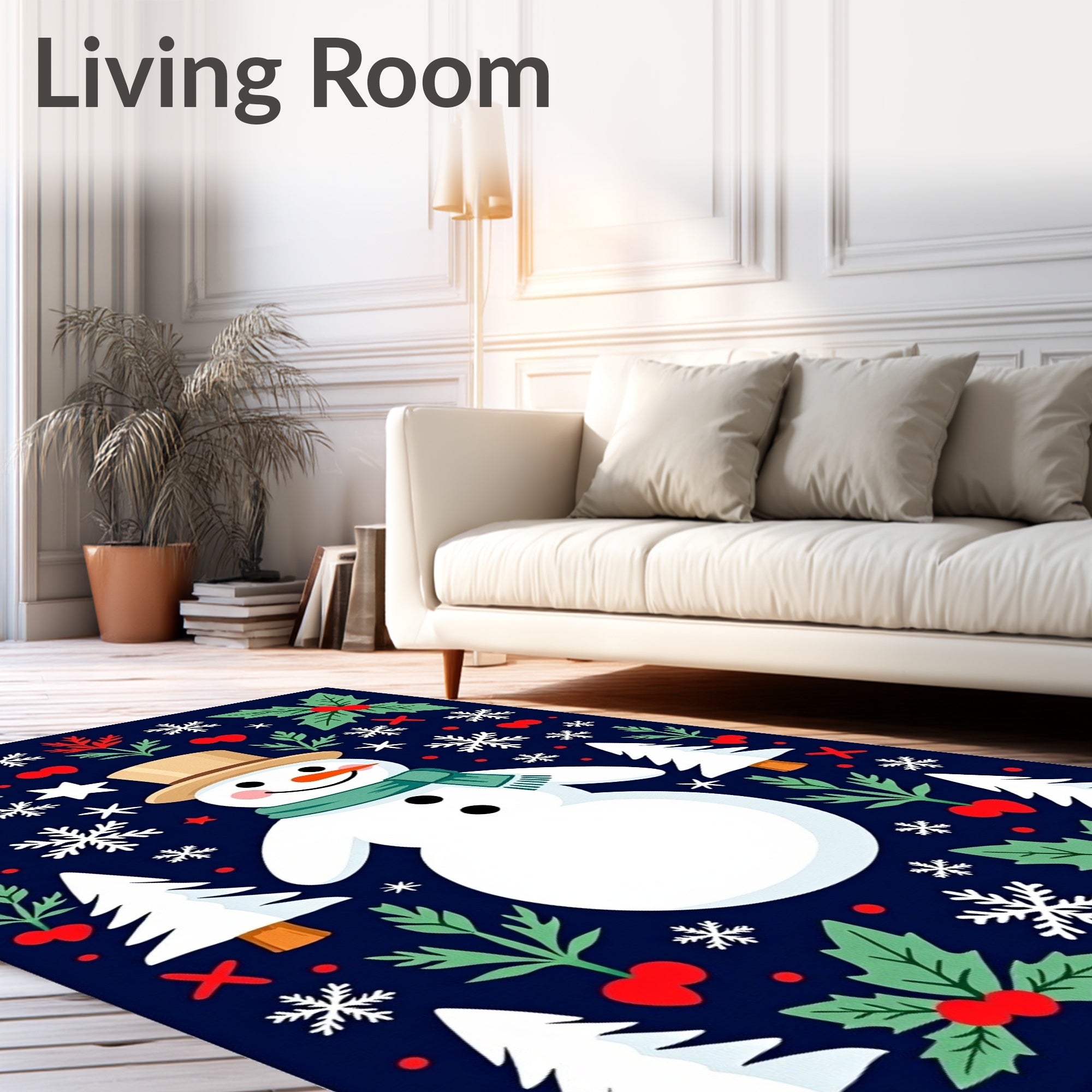 Happy Snowman Festive Holly Snowflakes Rug