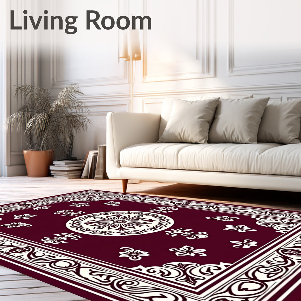 Crimson Bloom Scrollwork Frame Rug