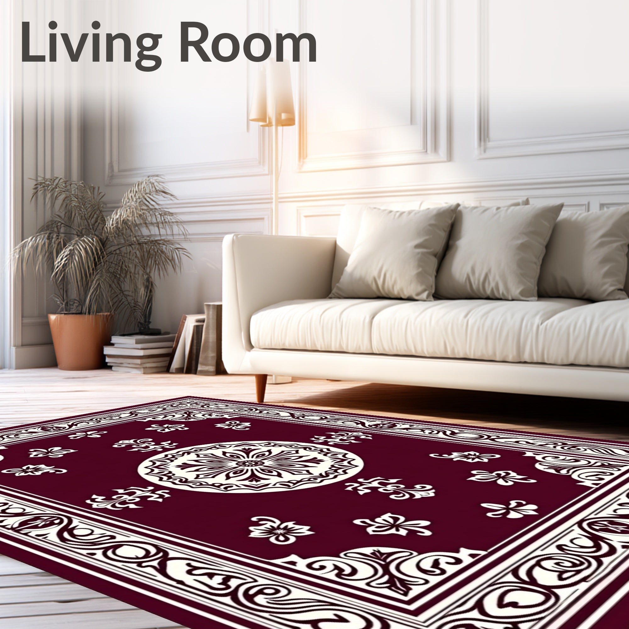 Crimson Bloom Scrollwork Frame Rug