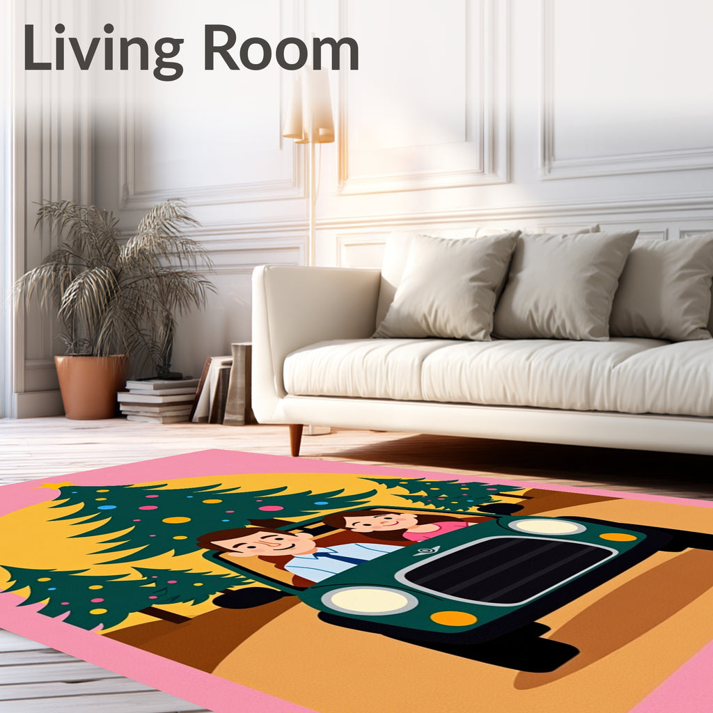 Festive Couple Car Christmas Tree Scene Rug