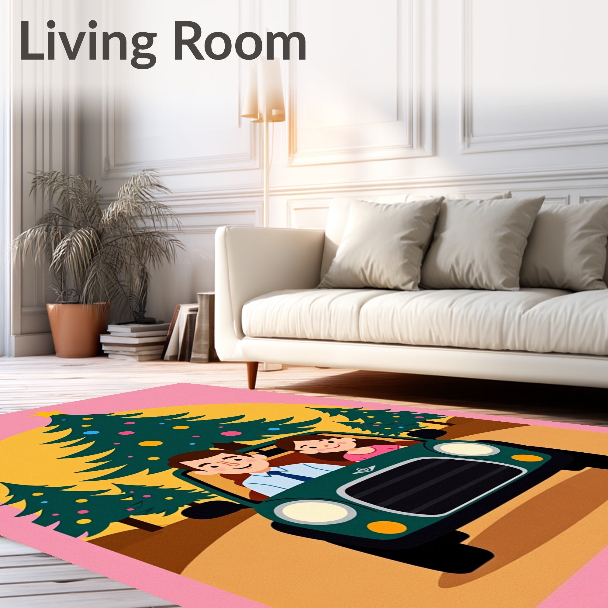 Festive Couple Car Christmas Tree Scene Rug
