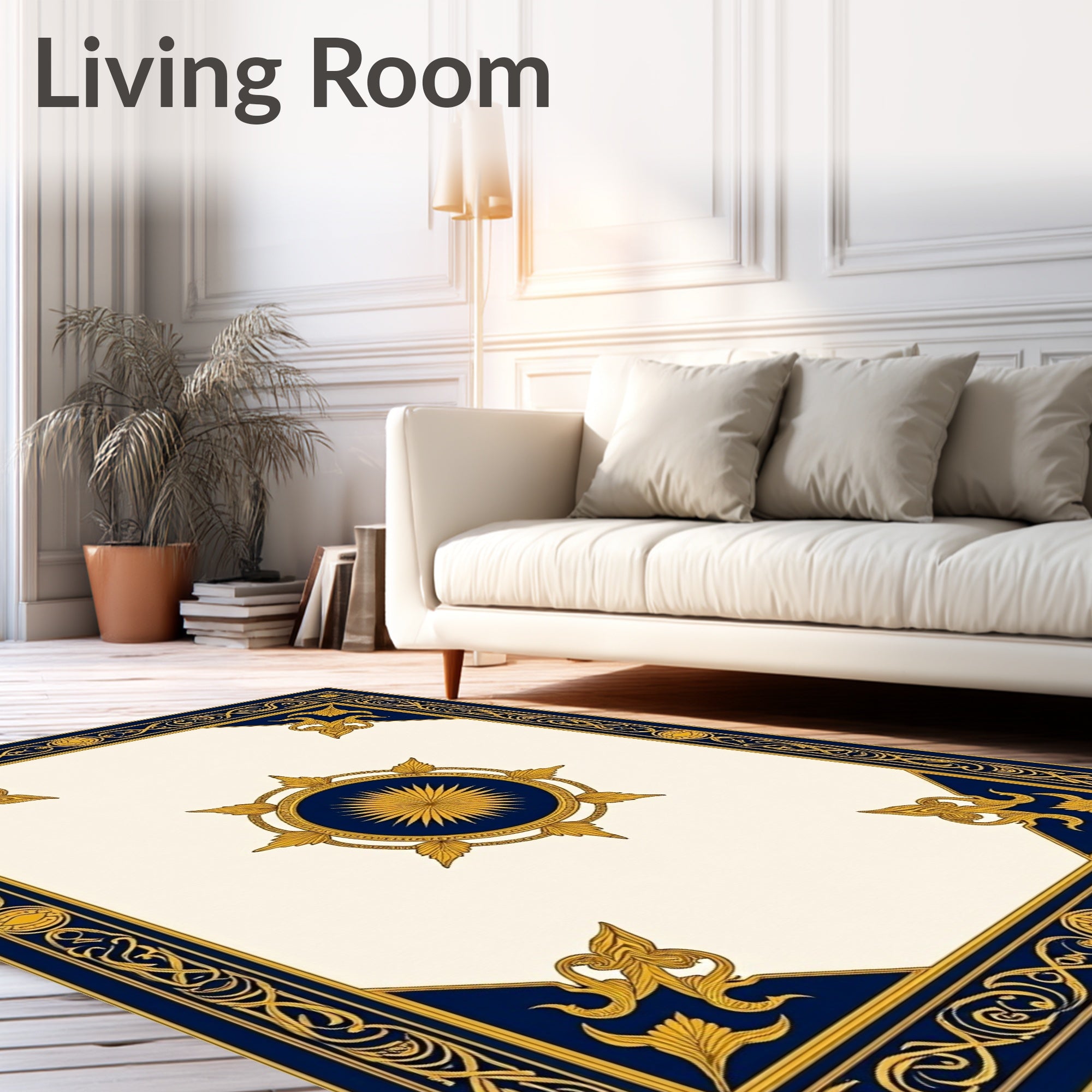 Gold Sunburst Navy Border Rug