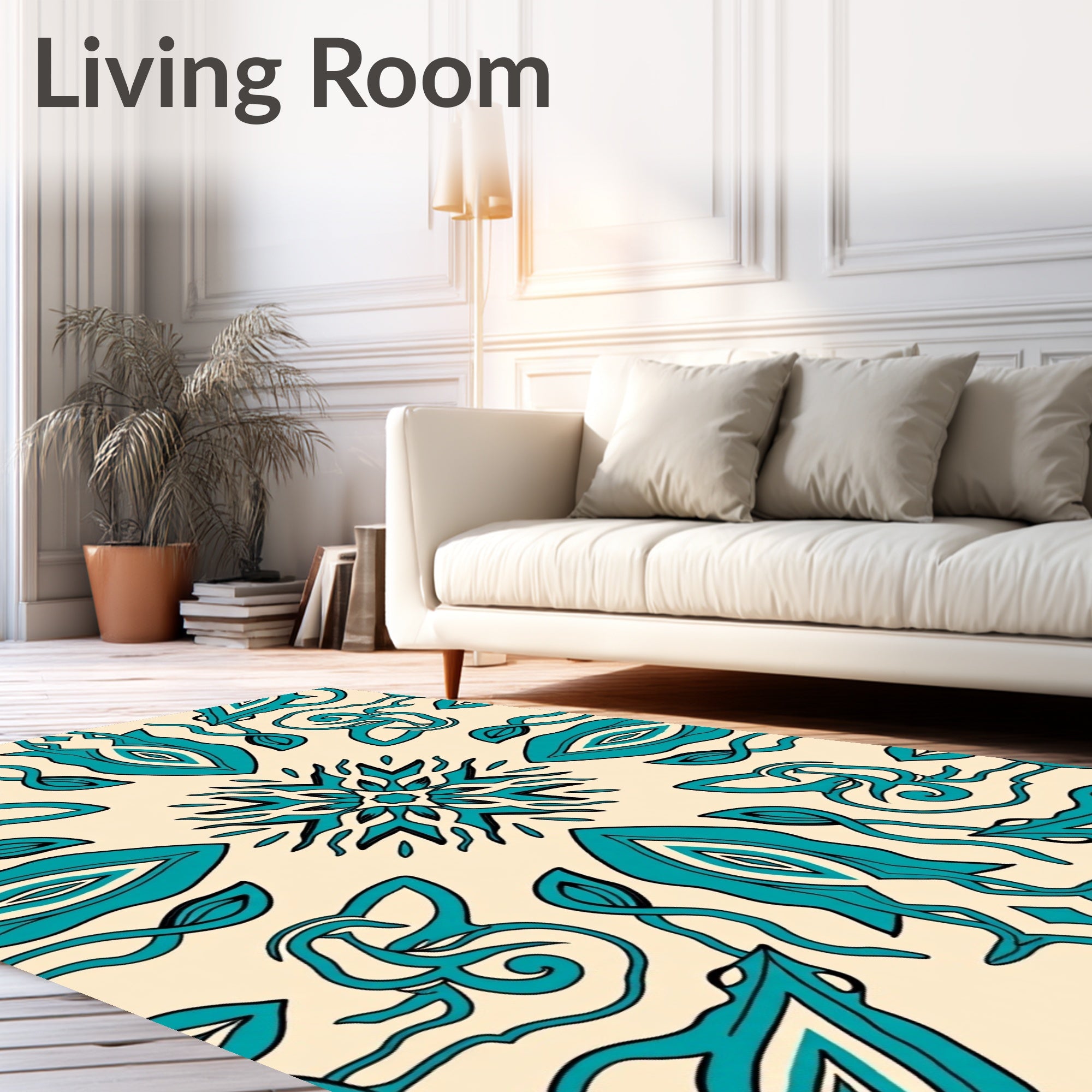 Aqua And Cream Abstract Scroll Rug