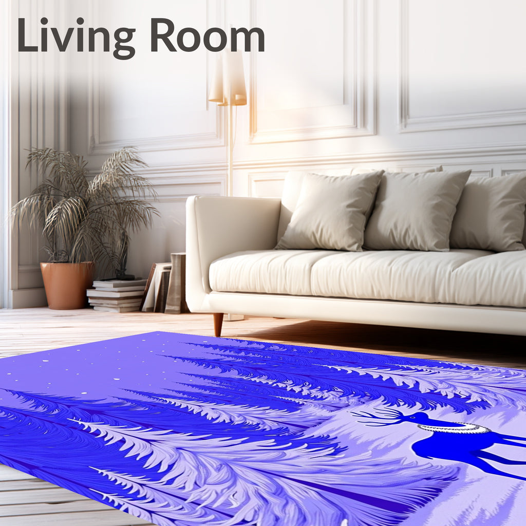 Vibrant Blue Winter Forest Deer Rug