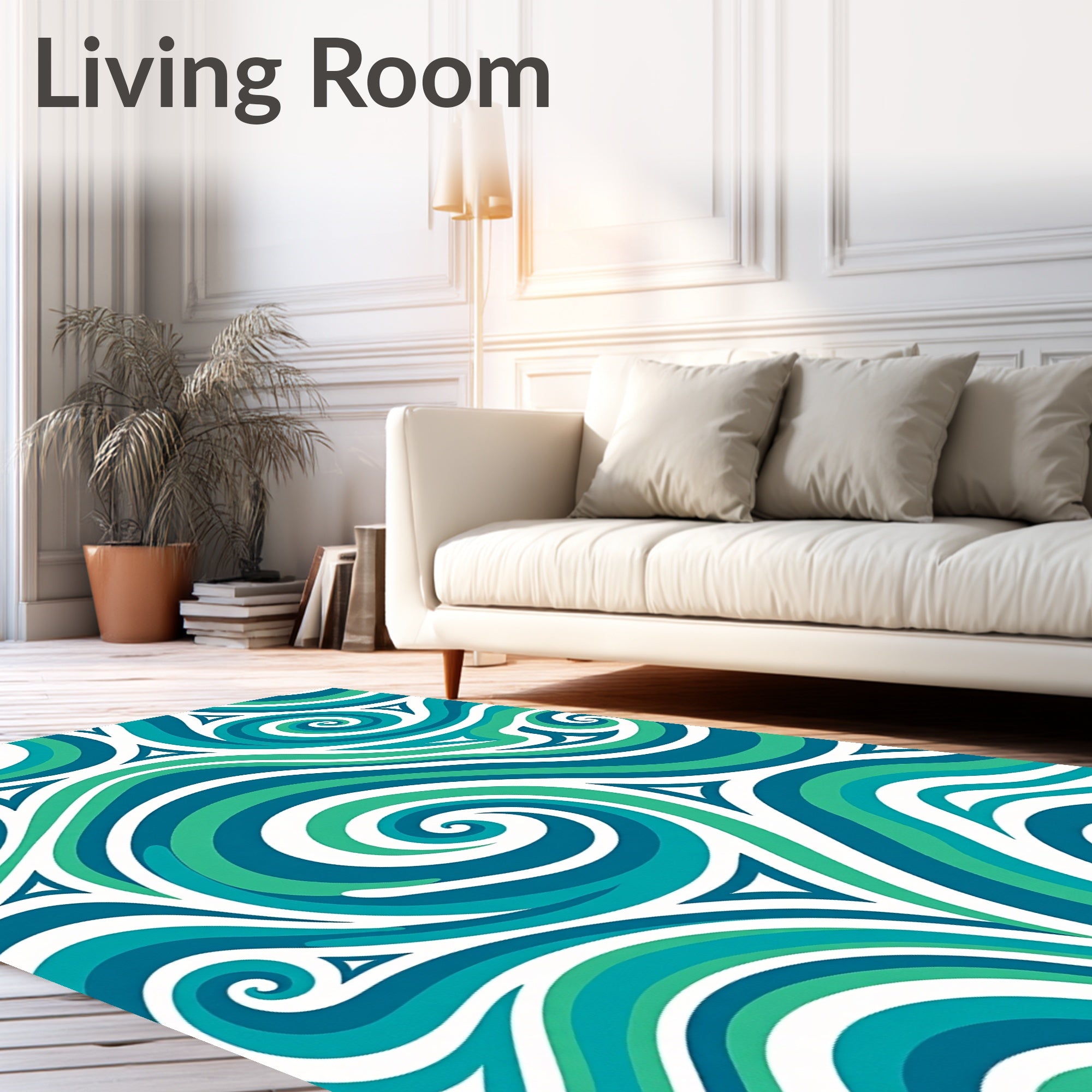 Teal Green White Swirling Wave Rug