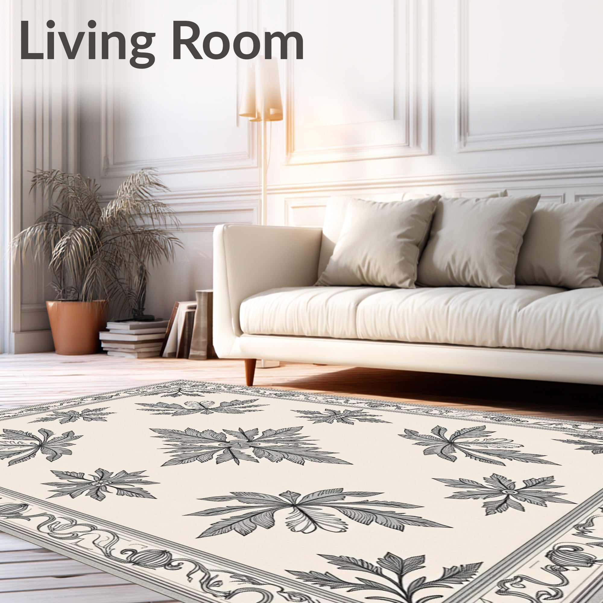 Ornate Beige Leaf Medallion Border Rug