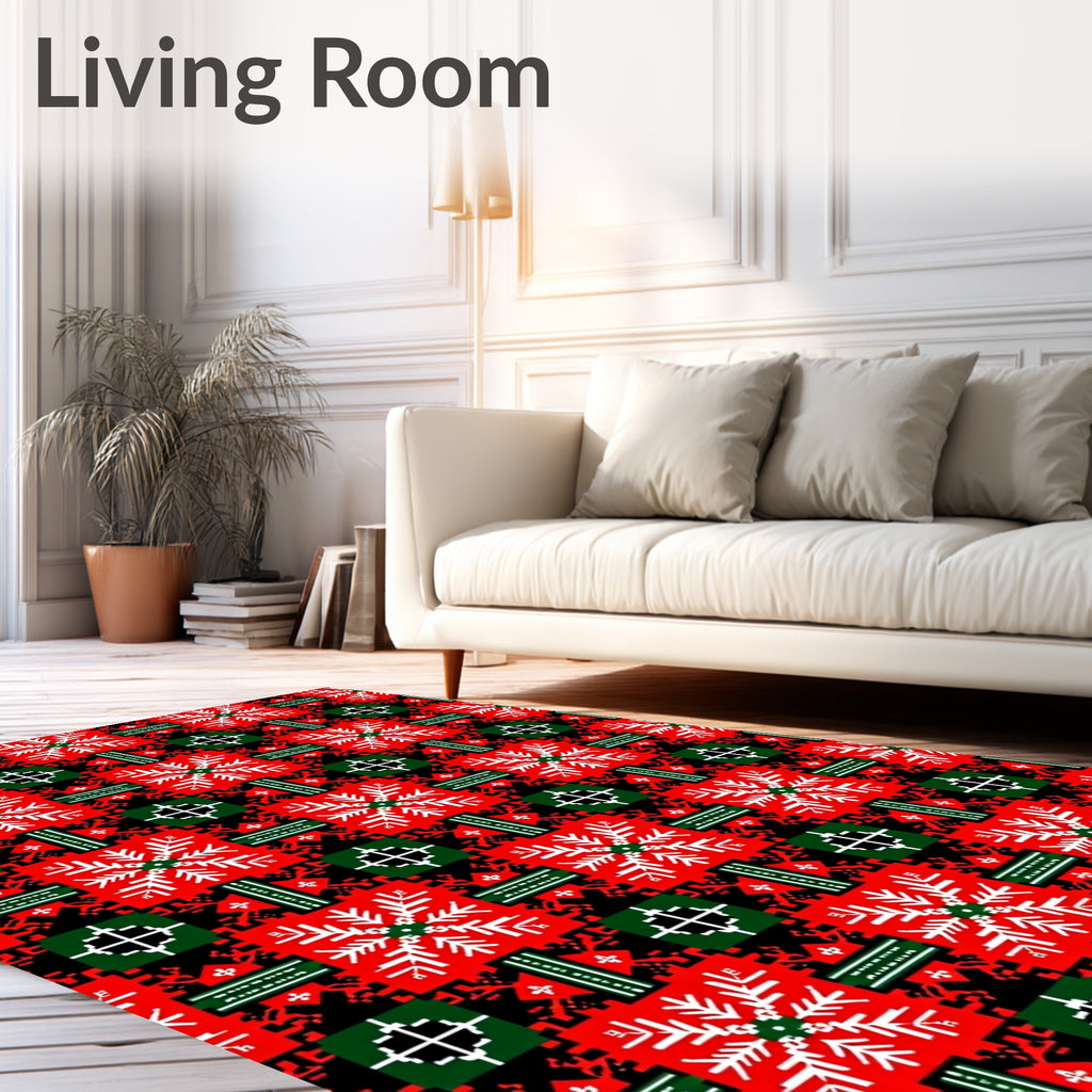Bold Red White Geometric Snowflake Rug
