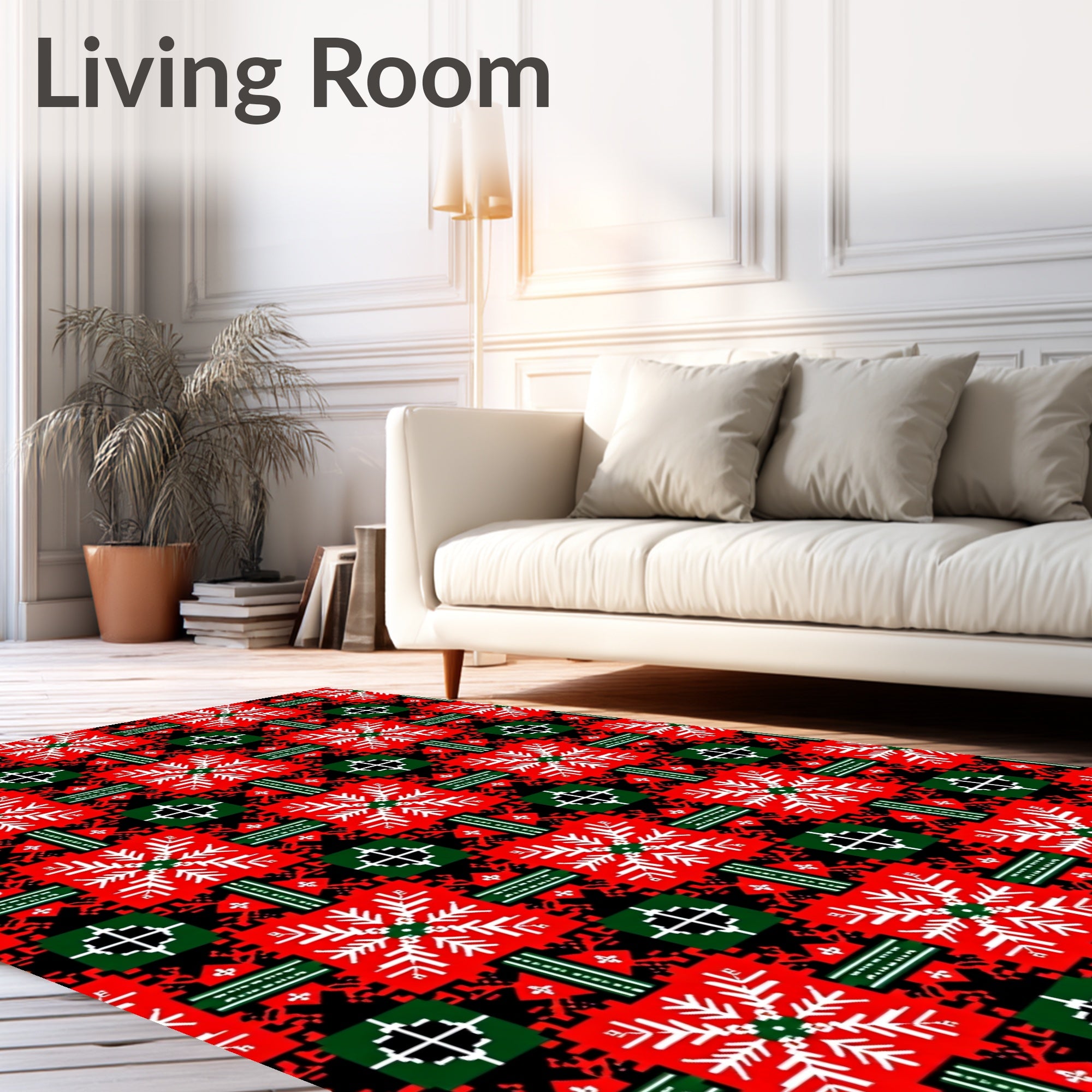 Bold Red White Geometric Snowflake Rug